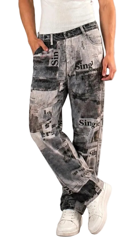 Vintage Newspaper Print Wide Leg Jeans