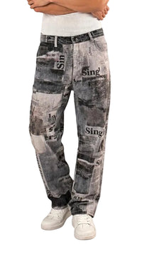 Vintage Newspaper Print Wide Leg Jeans