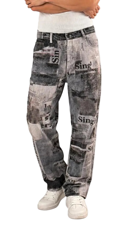 Vintage Newspaper Print Wide Leg Jeans