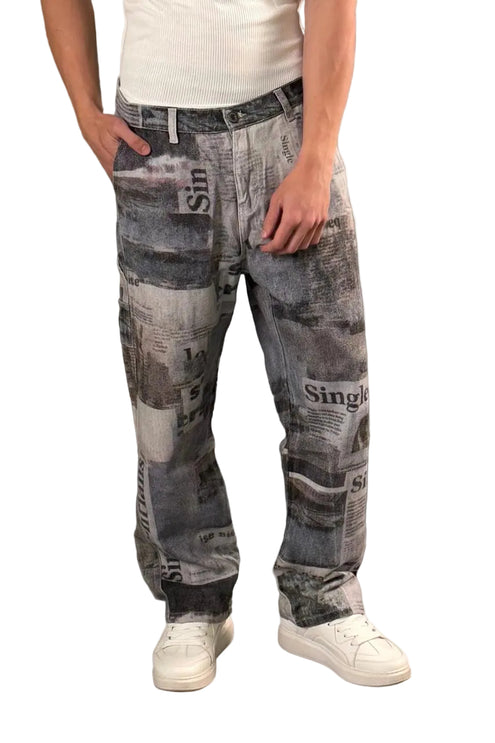 Vintage Newspaper Print Wide Leg Jeans