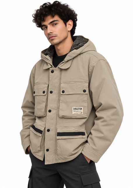 Washed Utility Pockets Hooded Jacket