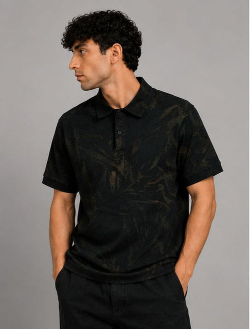 Tropical Leaf textured Oversized Polo T-Shirt