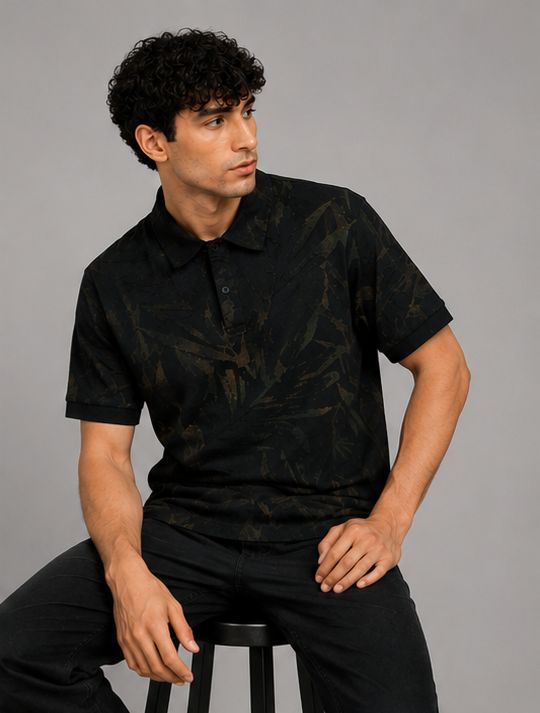 Tropical Leaf textured Oversized Polo T-Shirt