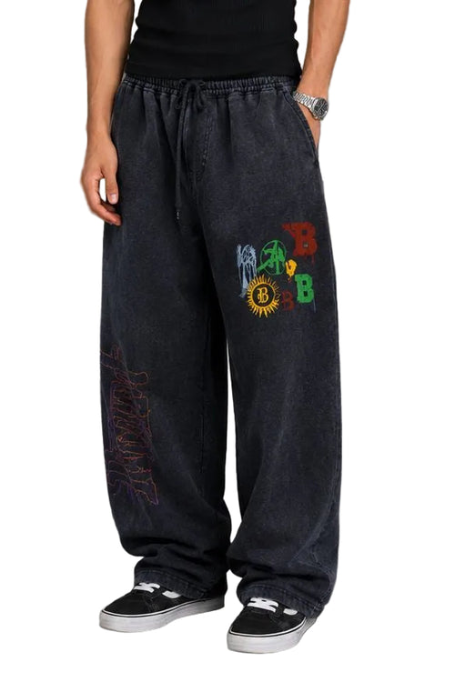 Blue Black Washed Graphic Wide Leg Pants