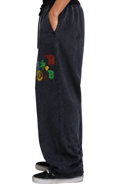 Blue Black Washed Graphic Wide Leg Pants