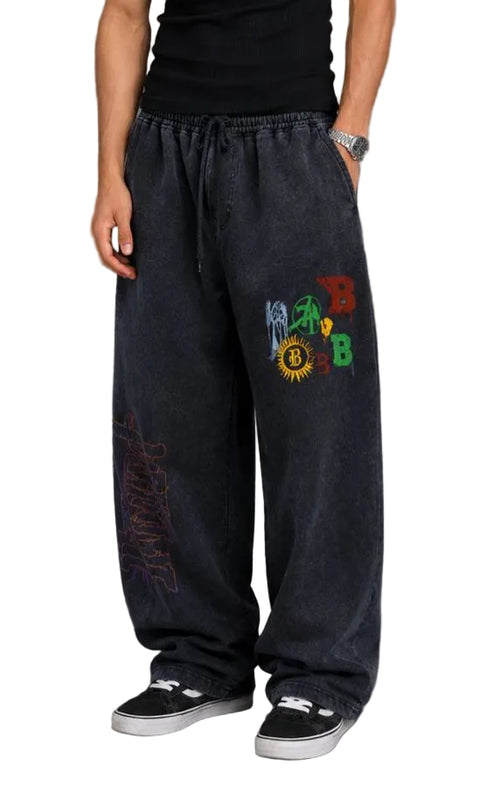 Blue Black Washed Graphic Wide Leg Pants