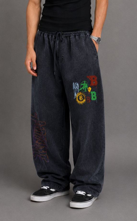 Blue Black Washed Graphic Wide Leg Pants