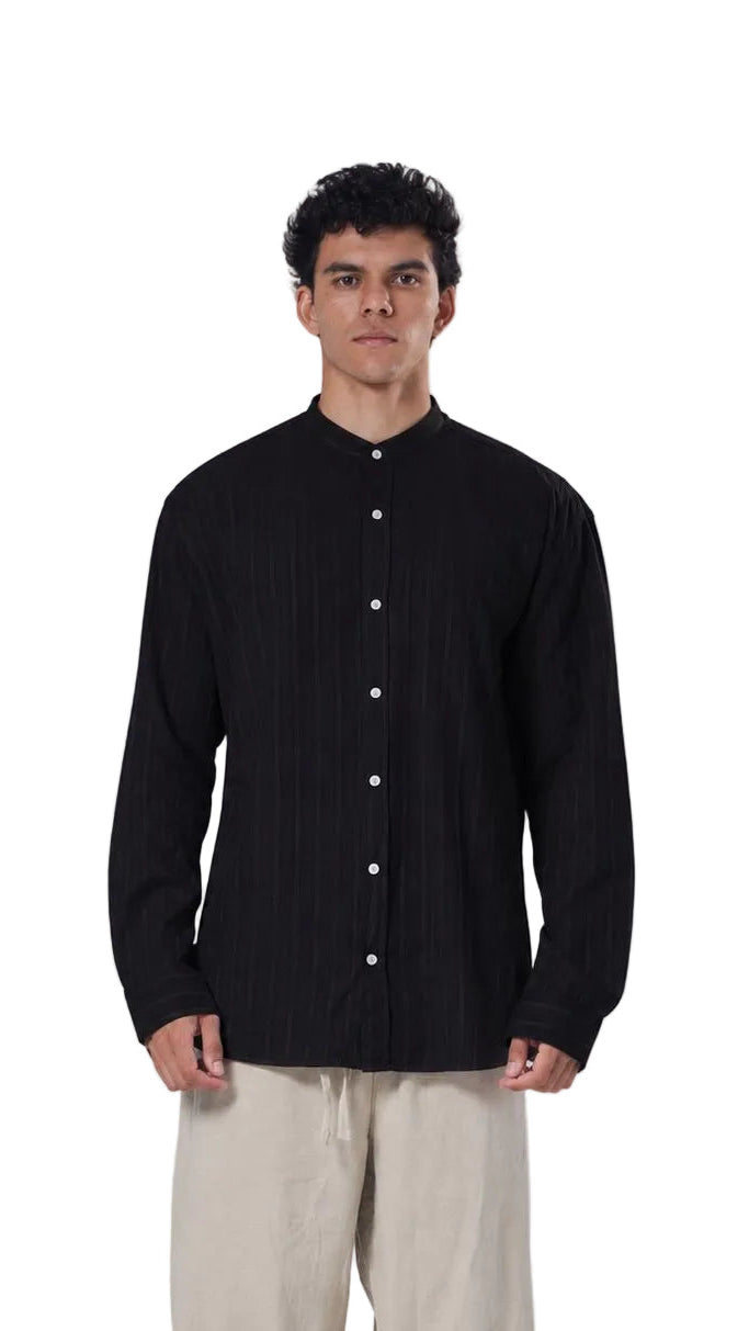 Striped Mandarin Collar Linen Blend Shirt
