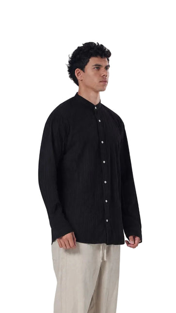 Striped Mandarin Collar Linen Blend Shirt