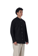 Striped Mandarin Collar Linen Blend Shirt