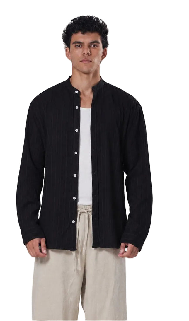 Striped Mandarin Collar Linen Blend Shirt