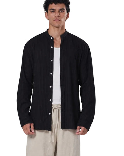 Striped Mandarin Collar Linen Blend Shirt