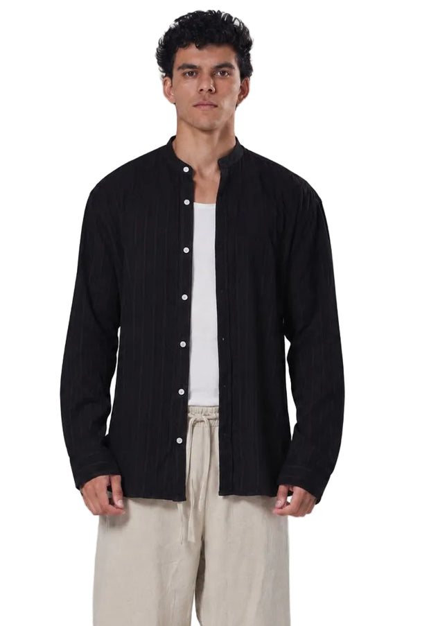 Striped Mandarin Collar Linen Blend Shirt