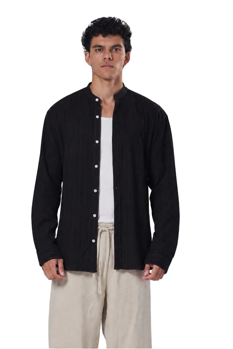 Striped Mandarin Collar Linen Blend Shirt