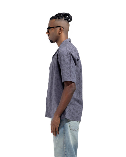 Vintage Floral Jacquard Camp Collar Shirt – Charcoal Grey