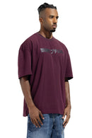 Box Fit Black Burgundy Printed  T-Shirt