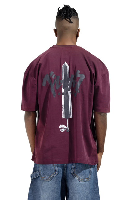 Black Chinese Burgundy Printed  T-Shirt