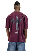 Box Fit Black Burgundy Printed  T-Shirt