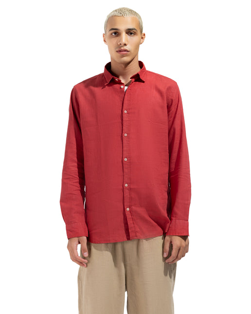 Linen Regular Fit Long Sleeve Shirt - Red