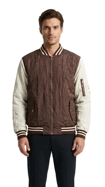 Men's Brown and Cream Color-Block Bomber Jacket