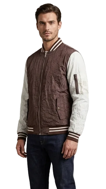 Men's Brown and Cream Color-Block Bomber Jacket