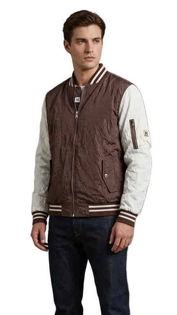 Men's Brown and Cream Color-Block Bomber Jacket