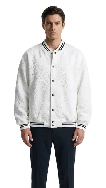 White Textured Varsity Bomber Jacket