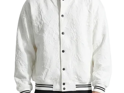 White Textured Varsity Bomber Jacket