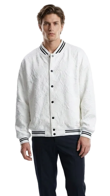 White Textured Varsity Bomber Jacket