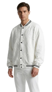 White Textured Varsity Bomber Jacket