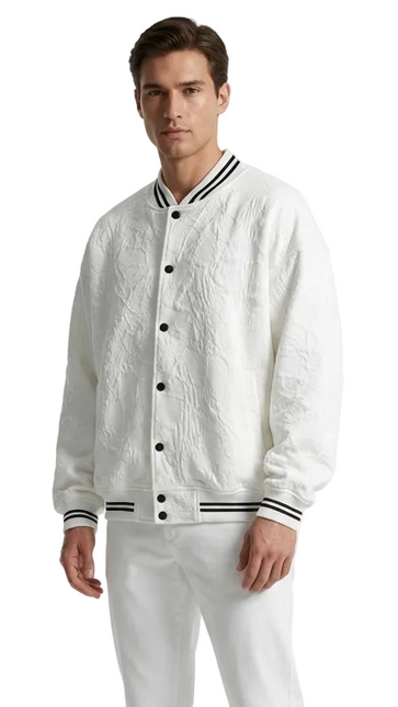 White Textured Varsity Bomber Jacket