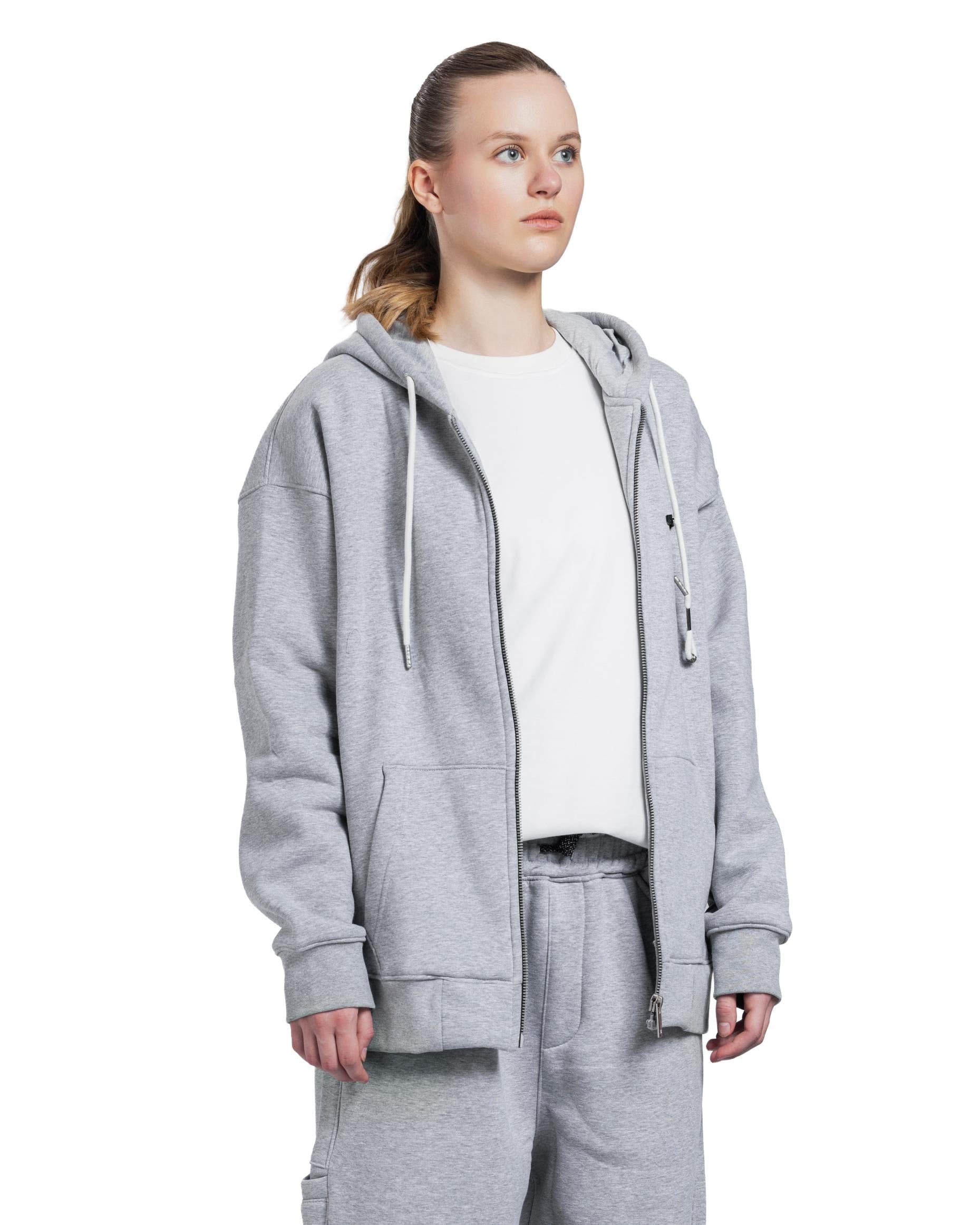 L Grey Zip Long Hoodie